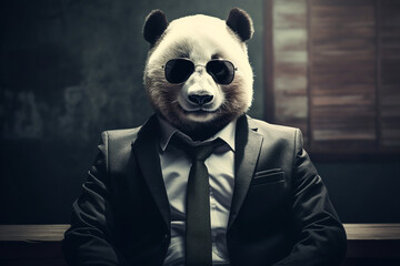 a panda wearing sunglasses and a suit with a tie, cute panda