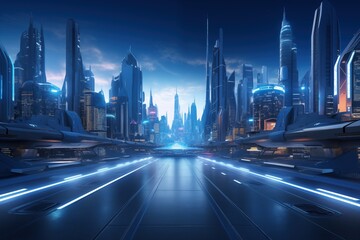 Illustration of a futuristic cityscape, a hyper realistic future city with a beautiful view of the sky. and modern city perspective futuristic hi-tech background - obrazy, fototapety, plakaty