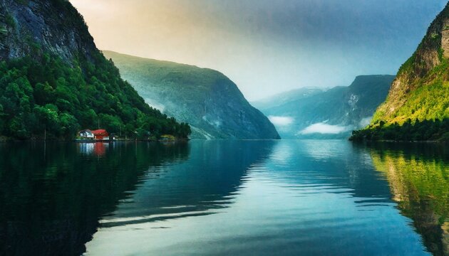 Beautiful fjords, fiords in evening, sea and forest, clean nature, environment