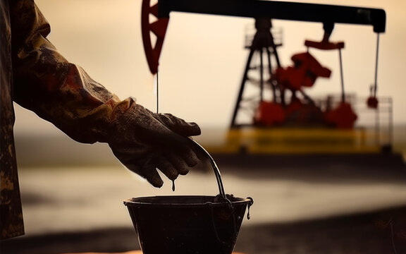 Extraction of petroleum and reduce oil production OPEC+. Futures Prices. Fossil crude production on oilfields. Worker's hand with a bucket at of spilled oil in an oil field. Petroleum demand. Oilfield