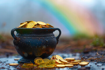 A black pot full of gold coins at the end of the rainbow St Patrick's Day Irish - obrazy, fototapety, plakaty