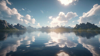 The sky with clouds is reflected in the lake. Horizontal background. AI generative.