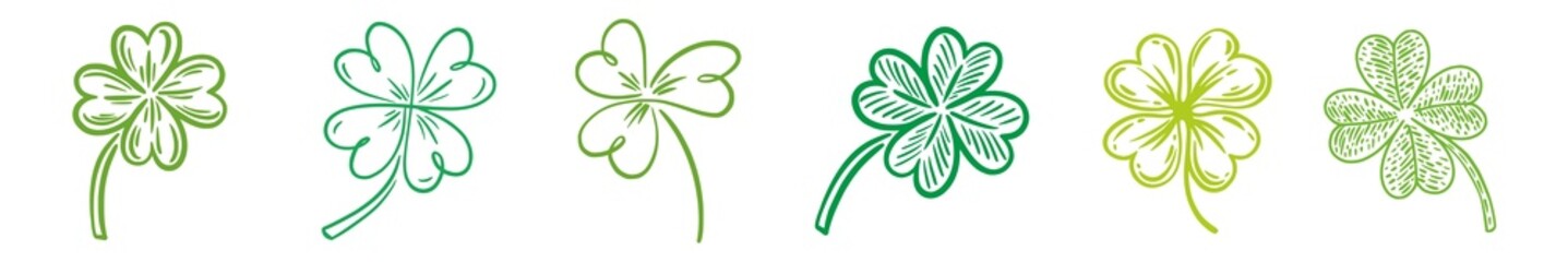 A horizontal collection of clover leaves, hand-drawn in the style of doodles. St. Patrick's Day. An Irish illustration.