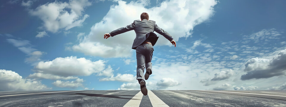 A businessman wearing a suit running on the road, to achievement.