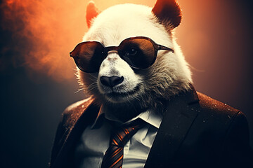 a panda wearing sunglasses and a suit with a tie, cute panda