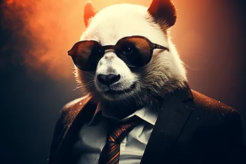 Foto auf Acrylglas a panda wearing sunglasses and a suit with a tie, cute panda © Salawati