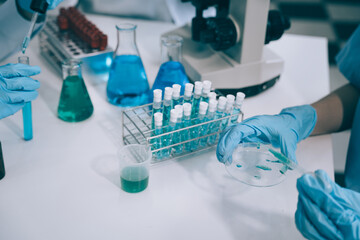 Scientist works with a pipette and a test tube. Scientific laboratory of biotechnology, development of medicine and research in chemistry, biochemistry and experiments.