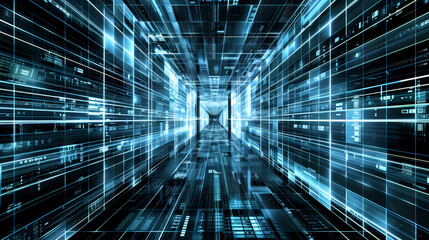 Futuristic Digital Data Tunnel With Blue Light Streams