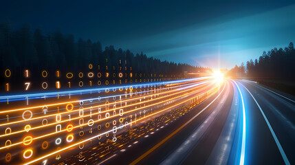 Obraz premium Sunset Highway With Digital Binary Code Overlay