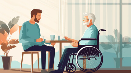 illustration / drawing of an old man in a wheelchair with a family member visiting or being cared for by a nurse in a retirement home or hospital.  - obrazy, fototapety, plakaty