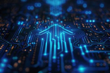 The blue digital circuit arrow is rising Illustration Symbol of a rising arrow. Technology business theme background futuristic high tech forward concept