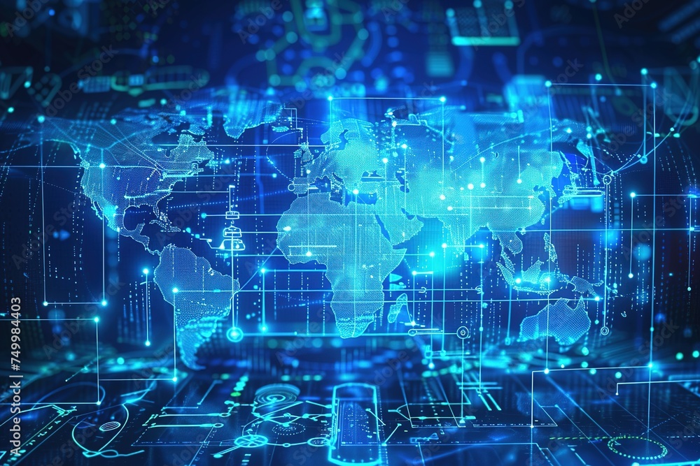 Poster blue map background blending technology on holographic screen modern interface global connectivity, 