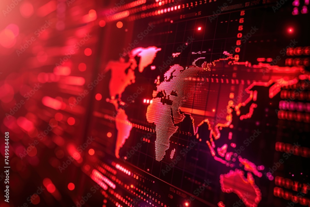 Poster red map background blending technology on holographic screen modern interface global connectivity, c