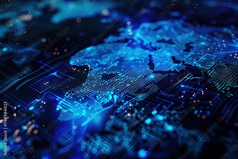 Poster blue map background blending technology on holographic screen modern interface global connectivity, 