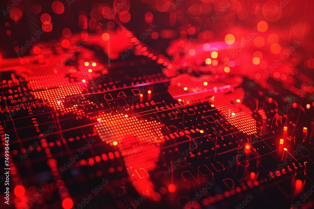 Poster red map background blending technology on holographic screen modern interface global connectivity, c