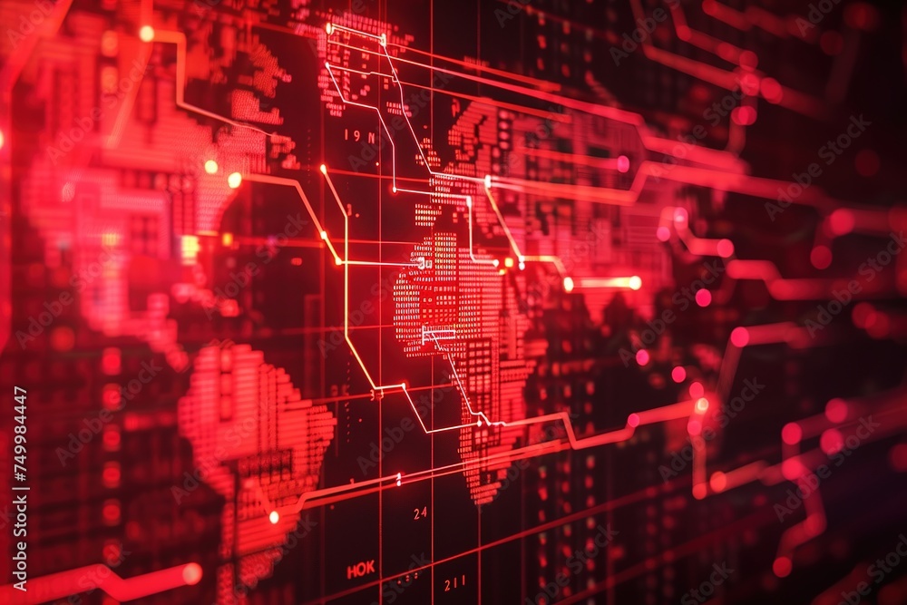 Poster red map background blending technology on holographic screen modern interface global connectivity, c
