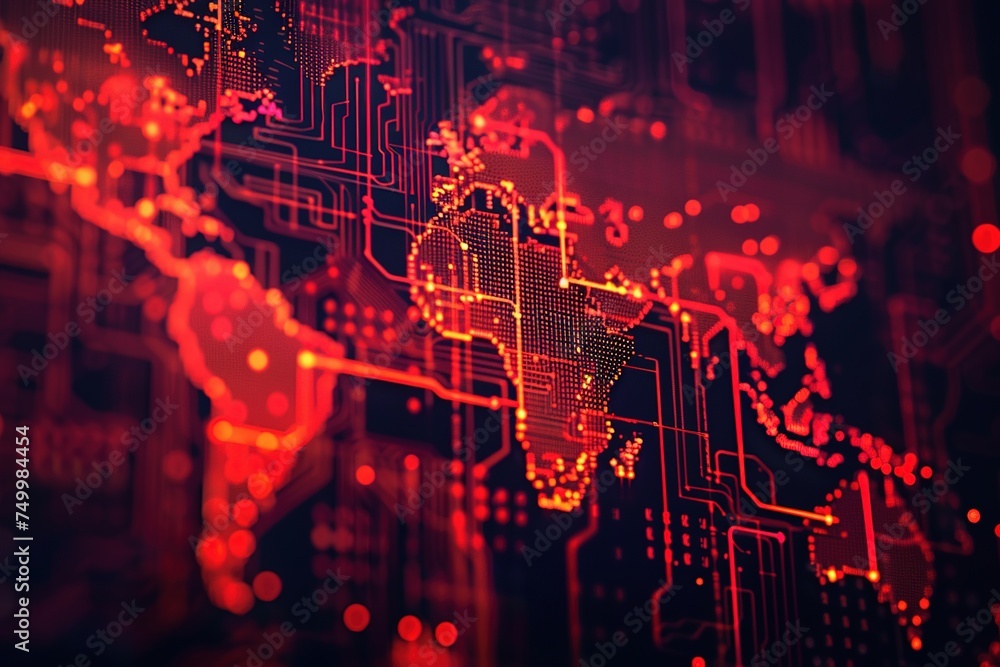 Poster red map background blending technology on holographic screen modern interface global connectivity, c