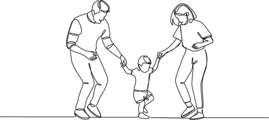 continuous single line drawing of happy parents having fun with their toddler, line art vector illustration