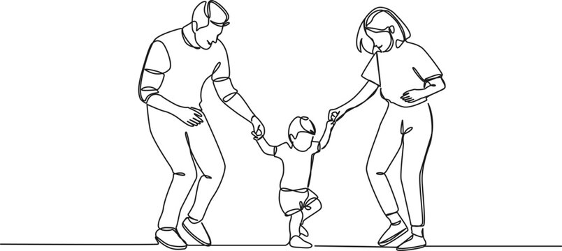 continuous single line drawing of happy parents having fun with their toddler, line art vector illustration