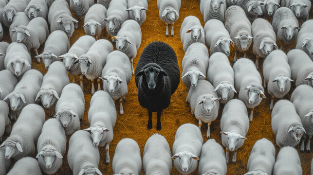 One black sheep standing out in a flock, uniqueness and difference concept