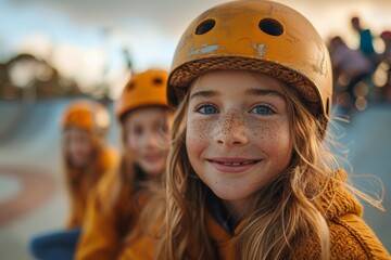 Close-up of a joyful young girl with helmet and freckles, friends in background