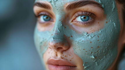 Face of a beautiful woman in close-up with a clay mask for natural facial care during a cosmetic skin care procedure, SPA treatments, a banner with added cosmetics on a light background, a copy space - obrazy, fototapety, plakaty