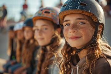 Cheerful girl with helmet among friends at skatepark during golden hour - obrazy, fototapety, plakaty
