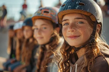 Foto op Aluminium Cheerful girl with helmet among friends at skatepark during golden hour © familymedia