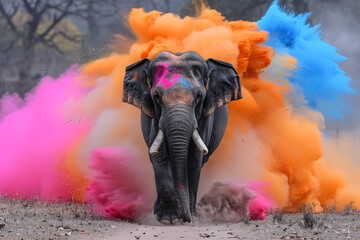 An elephant covered in Holi colors, festival of colors concept