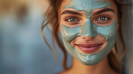 A smiling woman in a clay face mask for natural facial care during a cosmetic skin care procedure, a banner with the addition of cosmetics on a light background, with space to copy - obrazy, fototapety, plakaty