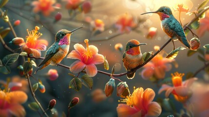 Three hummingbirds perched on a flowering branch in a natural landscape