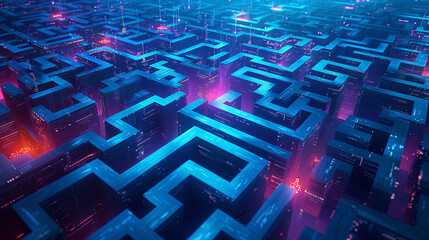 a vast, interactive maze constructed from towering walls of code and business diagrams Generative AI
