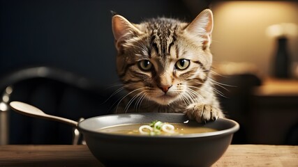 A mischievous tabby playfully poking at a bowl of soup with a fork, its eyes sparkling with mischief as it prepares to take a taste.