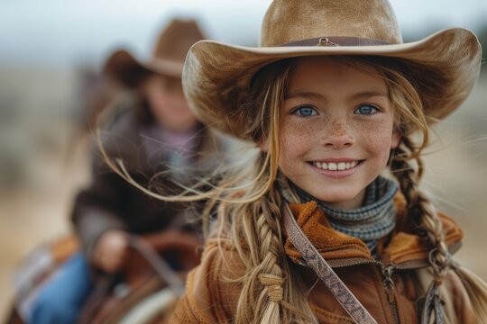 A smiling young girl with freckles wears a cowboy hat and looks happily at the camera outdoors