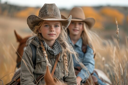 Two sisters in cowboy attire enjoy a ride together on horseback in a field of tall golden grass