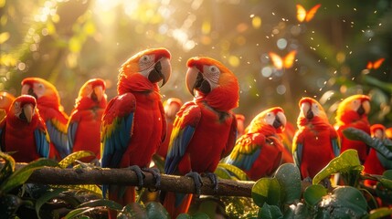 Colorful parrots perching on a tree branch in a natural landscape