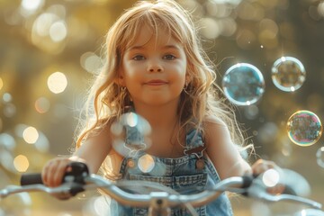 Adorable young girl riding bicycle with shimmering bubbles around her