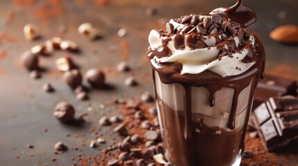 Chocolate and coffee collide in a cold, sweet treat, chocolate ice cream with whipped cream in a...