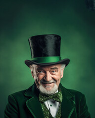 A smiling elderly man with a gray beard, in a green tuxedo and top hat, on a green background. St. Patrick's Day celebration.