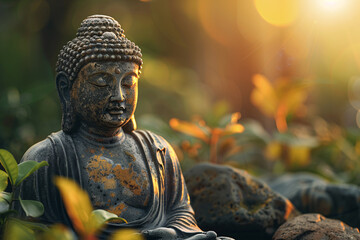 Buddha statue at sunset, mindfulness and meditation concept