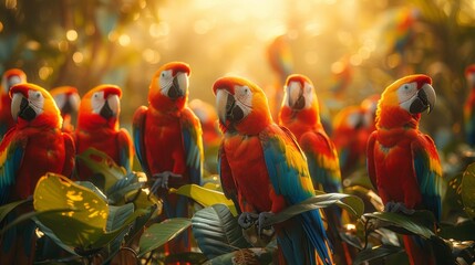 A flock of colorful parrots perched on a tree branch - obrazy, fototapety, plakaty