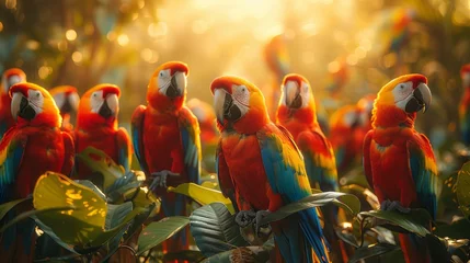 Schilderijen op glas A flock of colorful parrots perched on a tree branch © Yuchen