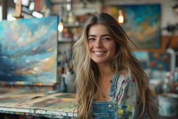 Young female artist with an infectious smile surrounded by her artwork in a cozy, creative art studio