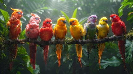 Colorful parrots sit on a tree branch in a natural landscape