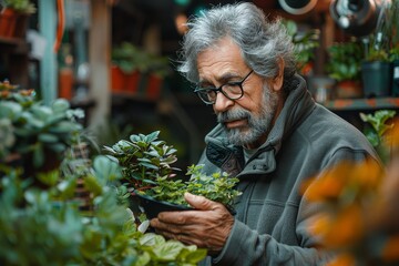 A focused elderly man with glasses attentively examines a potted plant in a lush greenhouse setting - Powered by Adobe