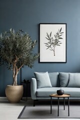 Cozy Scandinavian Interior with Empty Frames, Furniture, Plants, and Lamps





