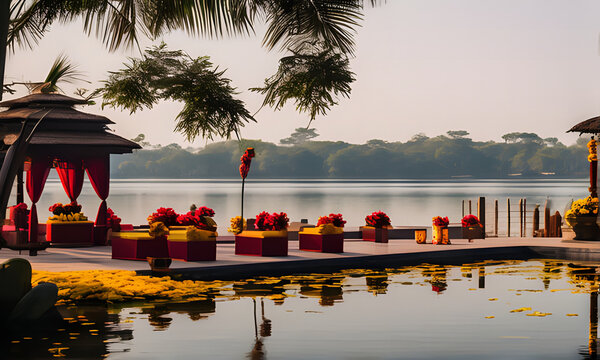 The pre-wedding venue is beautifully adorned in rich maroon decorations, with swathes of maroon fabric draping elegantly over the tables and chairs set up beside a picturesque lake.