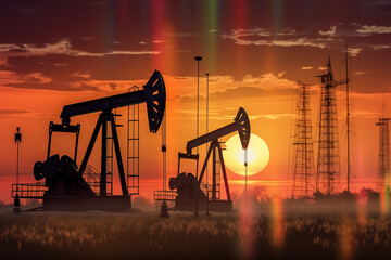 Oil drill rig and drilling derrick. Crude oil Pumpjack on oilfield on sunset. Fossil crude extraction. Global crude oil Prices, petroleum demand OPEC+. Oil prices on global market. Pump jack, oilfield - obrazy, fototapety, plakaty