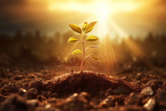 seeds growing from fertile soil to shining morning sunlight, ecology concept