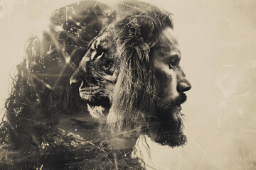 Jesus Christ and a lion double exposure photo